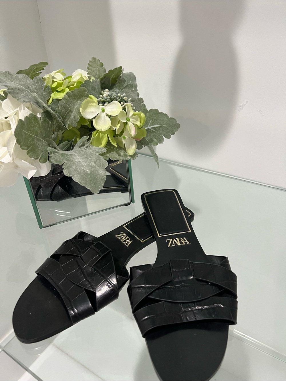 Zara Black Woven Leather Slide Mules like New!!